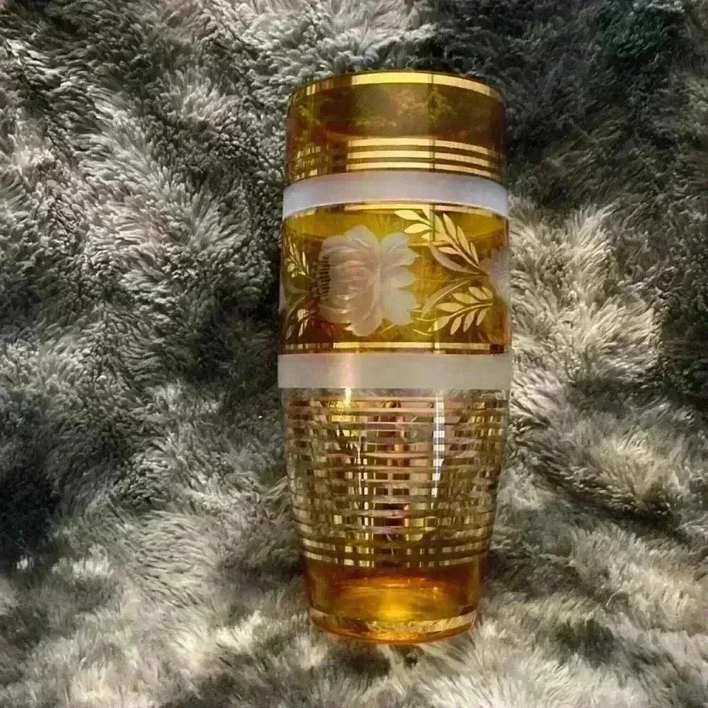 Czech Bohemian Cut  Glass Floral Vase
Amber & Gold Striped 8"